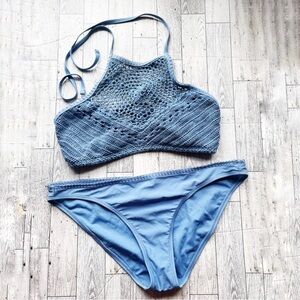Ika-Kul crochet style halter neck bikini light powder blue size large